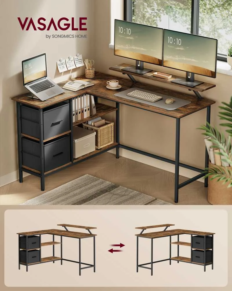 Songmics Vasagle L formos rašomasis stalas su 2 stalčiais 135 x 105 cm