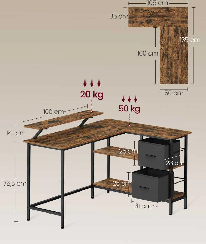 Songmics Vasagle L formos rašomasis stalas su 2 stalčiais 135 x 105 cm