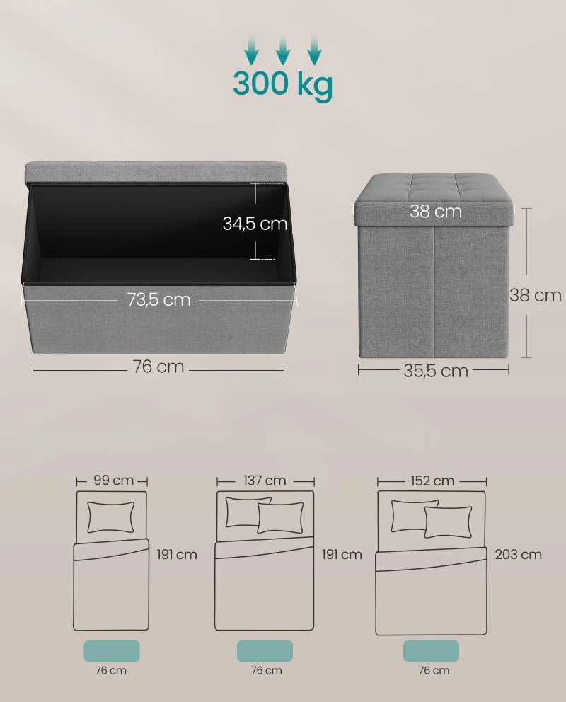 Songmics Suoliukas su daiktadėže 76 cm Šviesiai pilka