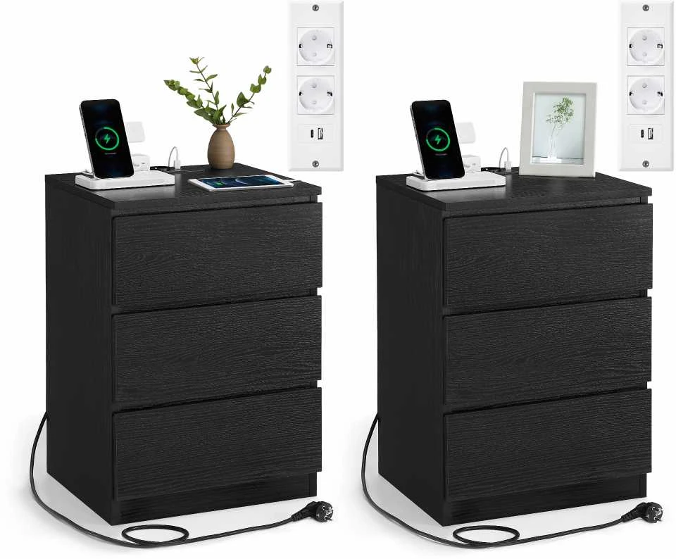Vasagle 2 naktinių staliukų rinkinys 2 USB jungtys modernus juodmedžio juodos spalvos