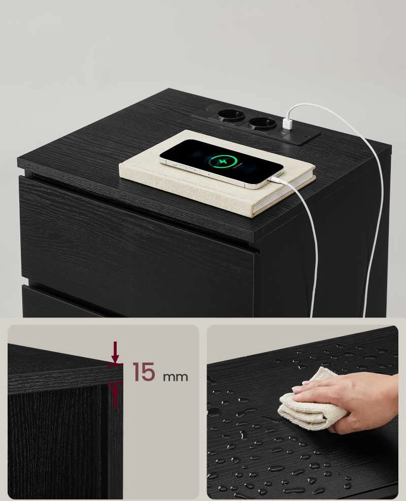Vasagle 2 naktinių staliukų rinkinys 2 USB jungtys modernus juodmedžio juodos spalvos