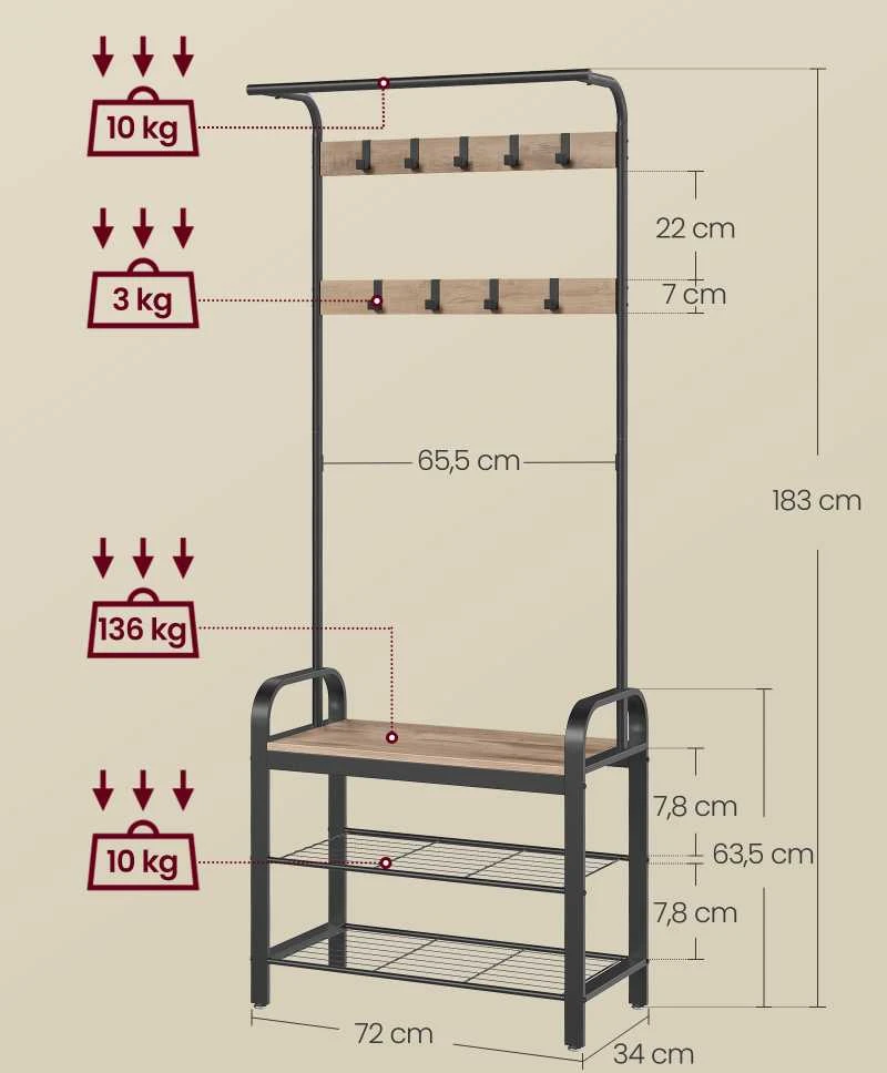 Songmics Vasagle Drabužių lentyna su 9 nuimamais kabliukais 33,7 x 72 x 183 cm