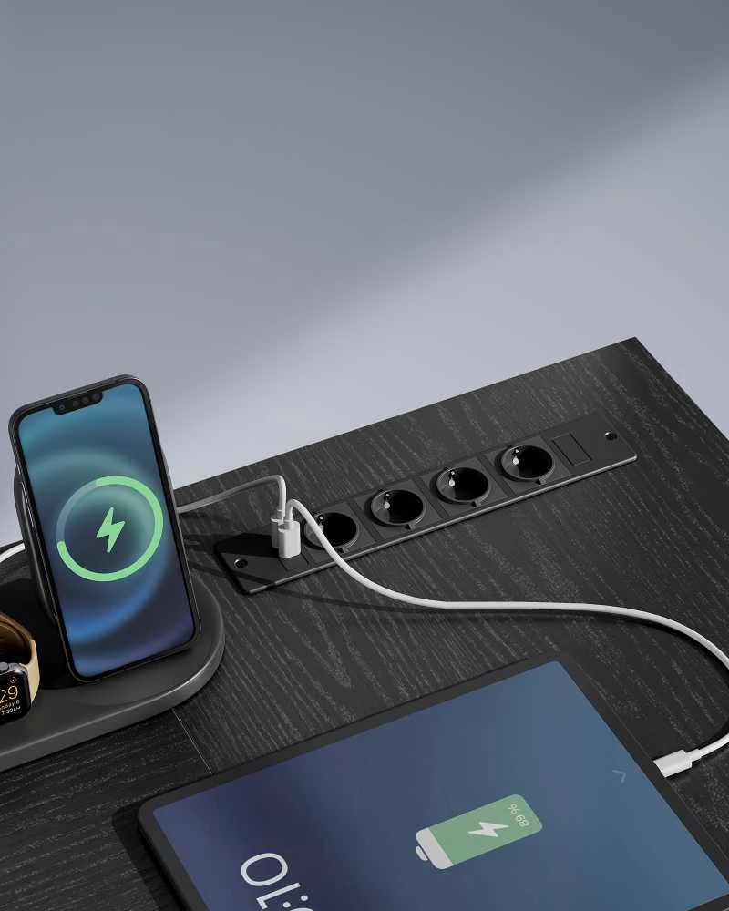 Songmics Vasagle "L" formos stalas su elektros lizdais juodmedžio juoda spalva