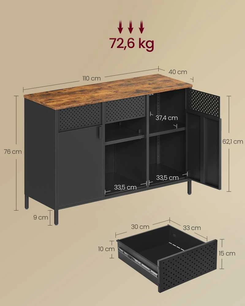 Songmics Dvigubų durelių sandėliavimo spintelė vintage ruda-matinė juoda