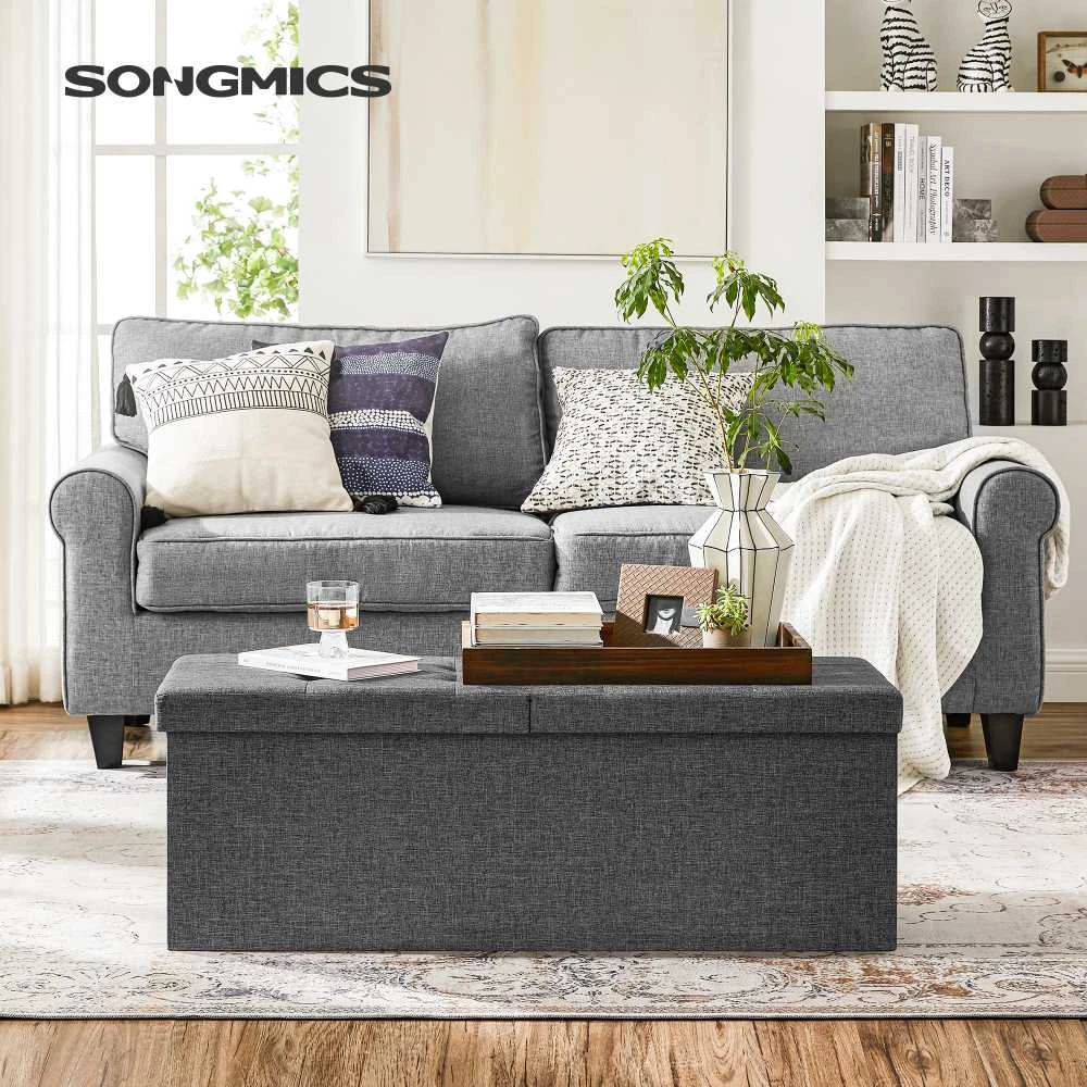 Songmics Suoliukas su atlenkiamu dangčiu 110 cm tamsiai pilkos spalvos