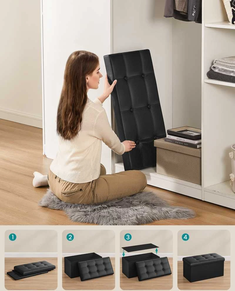 Songmics Suoliukas su saugykla 76 cm dirbtinė oda, juoda