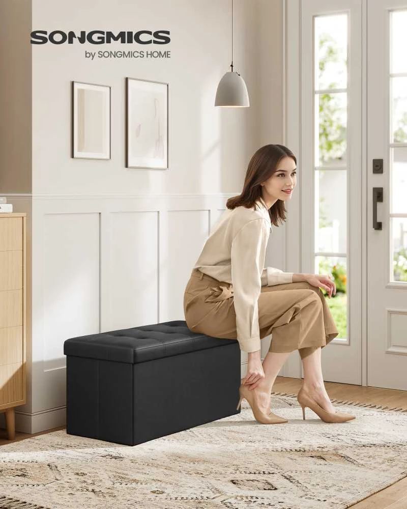 Songmics Suoliukas su saugykla 76 cm dirbtinė oda, juoda