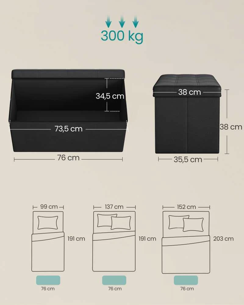 Songmics Suoliukas su saugykla 76 cm dirbtinė oda, juoda