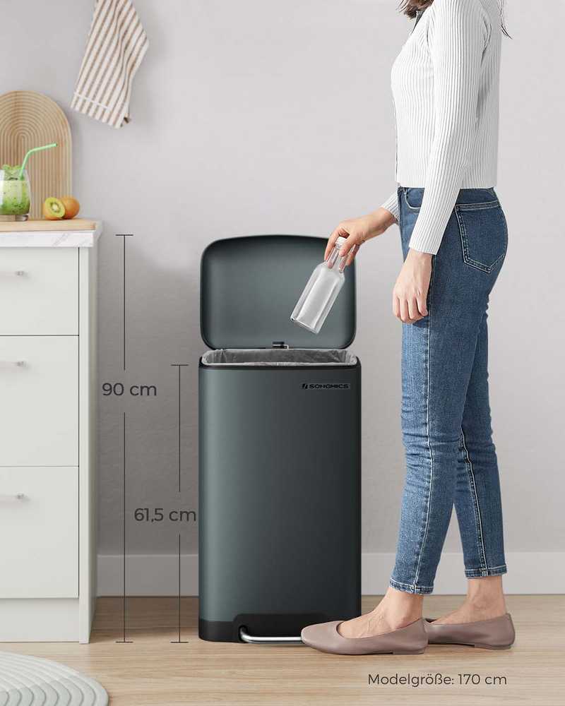 Songmics 30 litrų talpos šiukšlių dėžė dūmų pilkos spalvos