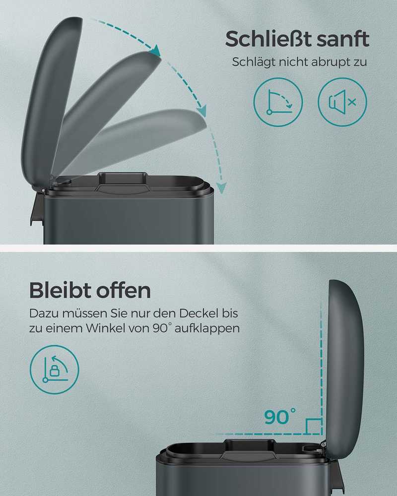 Songmics 30 litrų talpos šiukšlių dėžė dūmų pilkos spalvos