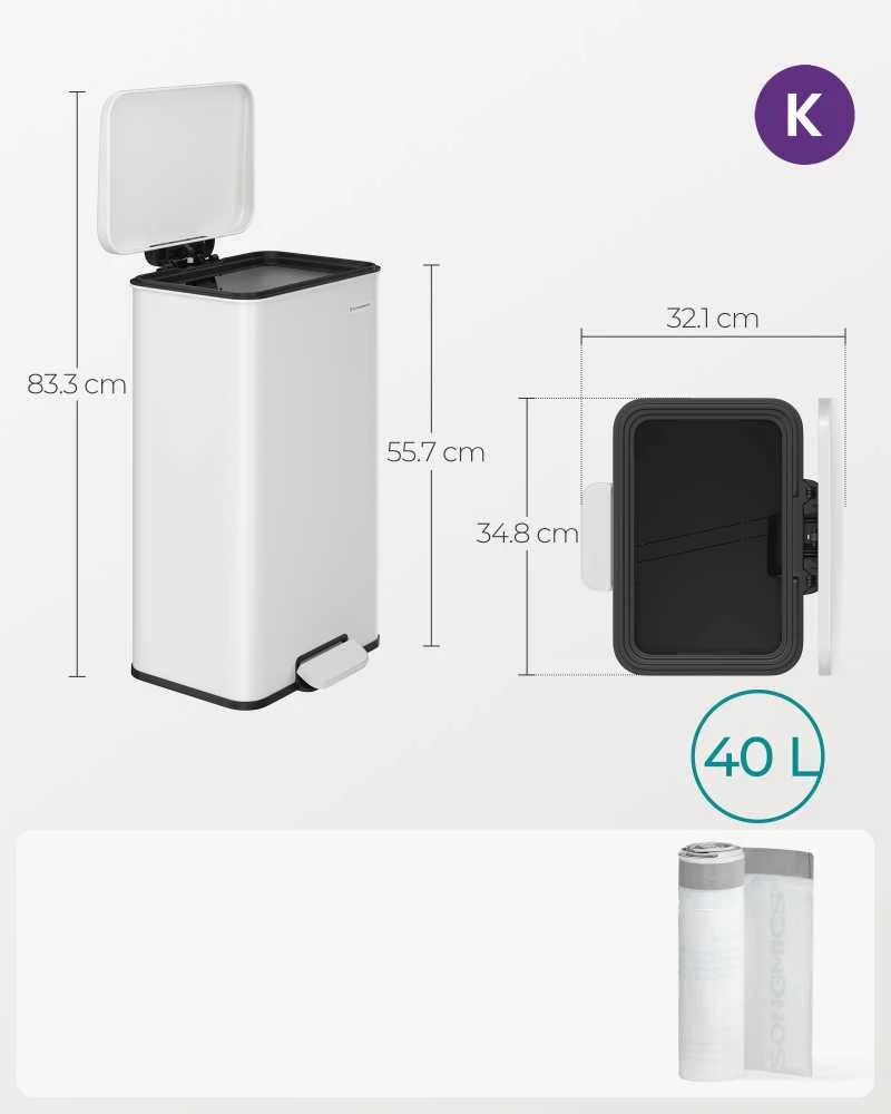 Songmics 40 litrų virtuvės atliekų dėžė su pedalais balta