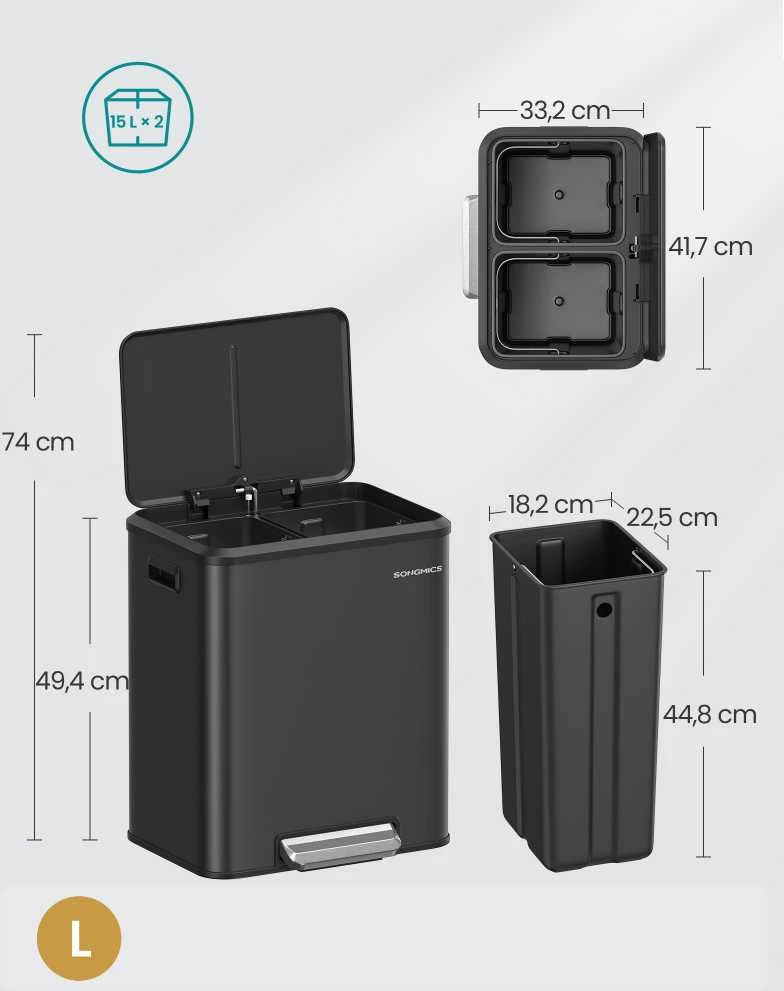 Songmics Atliekų rūšiavimo sistema 2 x 15 l rašalo juodos spalvos