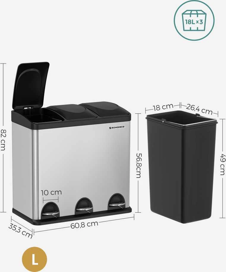 Songmics Atliekų separatorius 54 litrai (3 x 18 L)