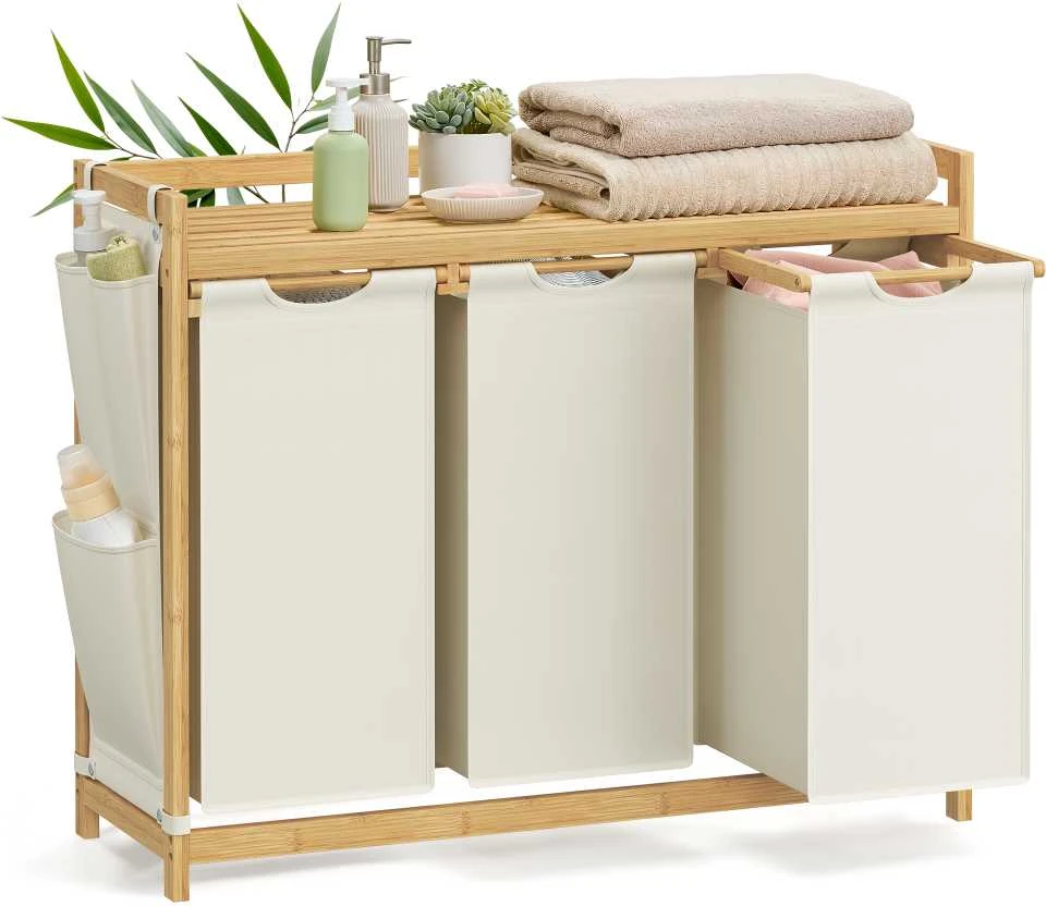 Songmics Skalbinių krepšelis 3 skyriai 3 x 50 L 94 x 33 x 78 cm kreminės baltos spalvos