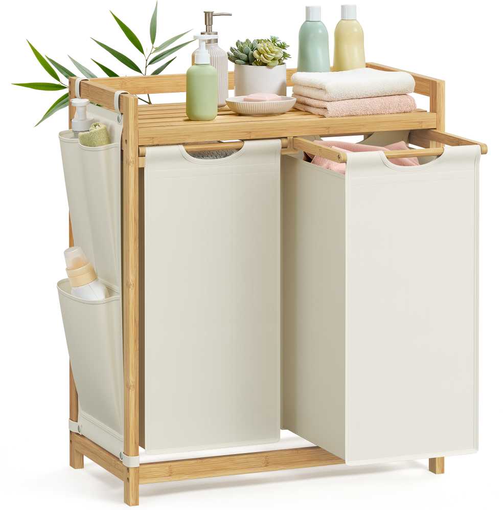 Songmics Skalbinių krepšys 2 skyriai 2 x 50 L 63 x 33 x 78 cm kreminės baltos spalvos