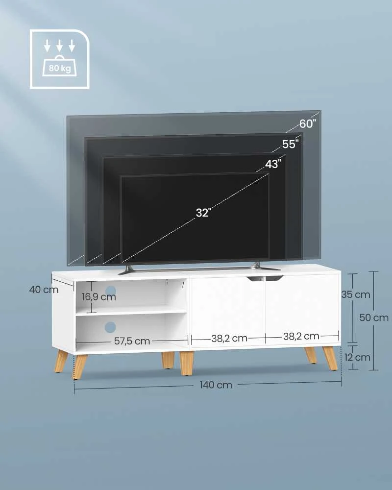 TV staliukas Songmics Vasagle TV spintelė su 2 durelėmis 40 x 140 x 50 cm balta