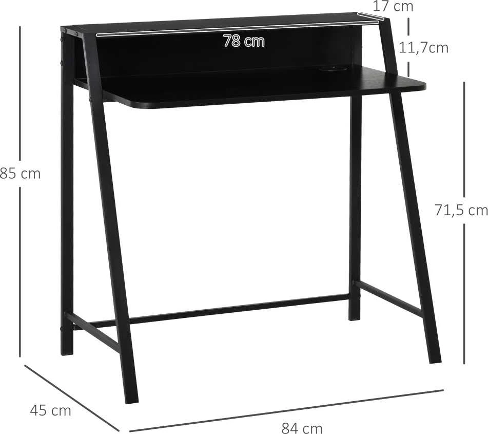 HOMCOM kompiuterio stalas, stilingas rašomasis stalas su lentyna ir kabelių valdymo sistema, metalinis, juodas, 84x45x85 cm