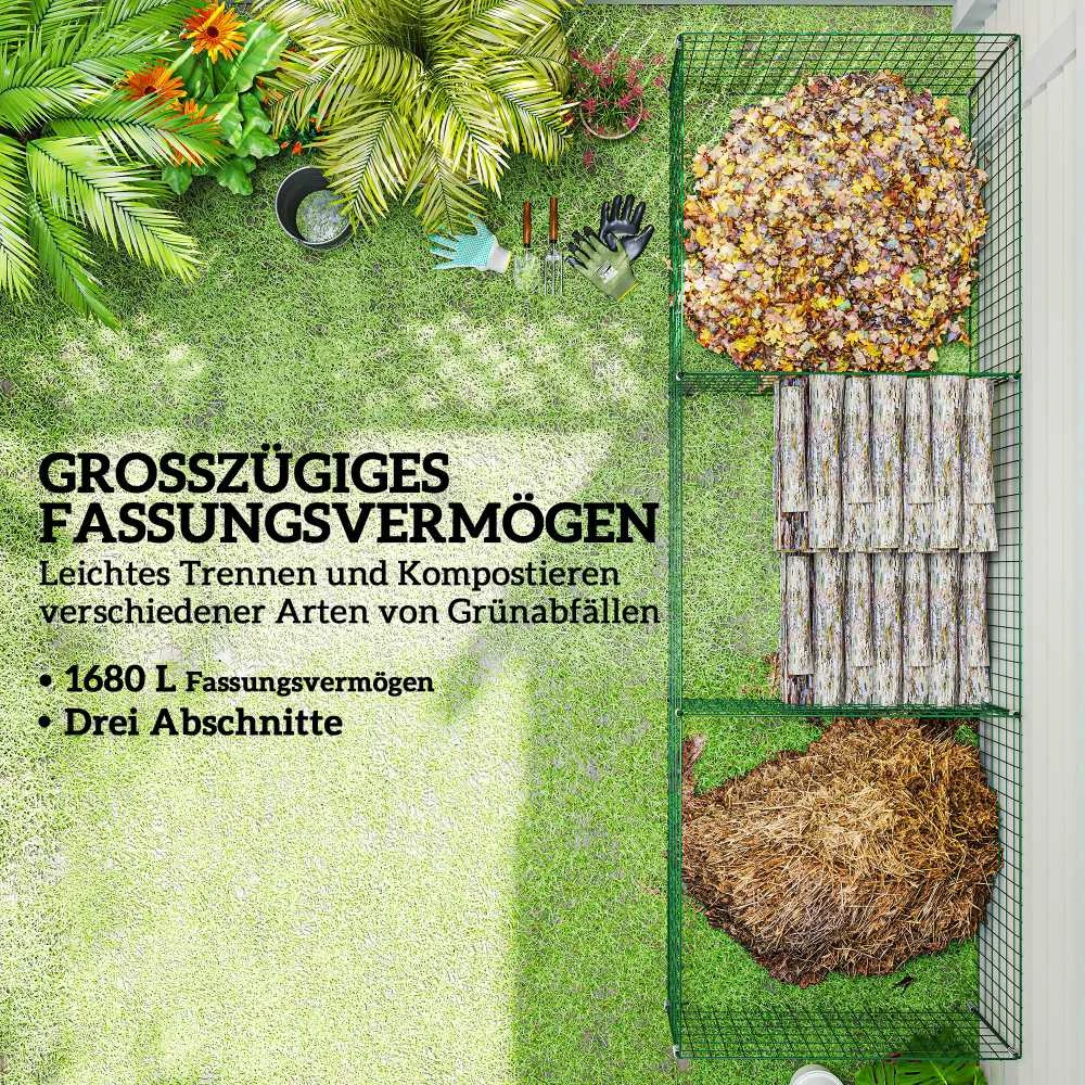 Outsunny kompostavimo dėžė, 1680 litrų, 270 x 90 x 70 cm, 3 dalių, greito kompostavimo įrenginys iš plieno, oro sąlygoms atsparus termokomposteris su atviro tinklelio dizainu, sodo kompostavimo dėžė, komposto dėžė sodui, virtuvei, balkonui