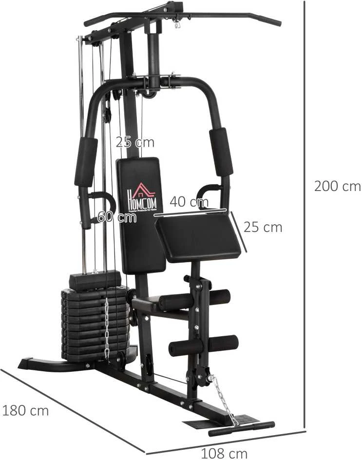 HOMCOM jėgos staklės su latissimus traukimo ir drugelio funkcija, 45 kg svorių rinkinys, plienas, dirbtinė oda, juodos spalvos, 180 x 108 x 200 cm
