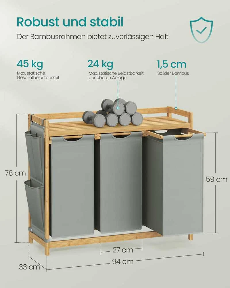 Songmics Skalbinių krepšelis 3 skyriai 3 x 50 L 94 x 33 x 78 cm pilka