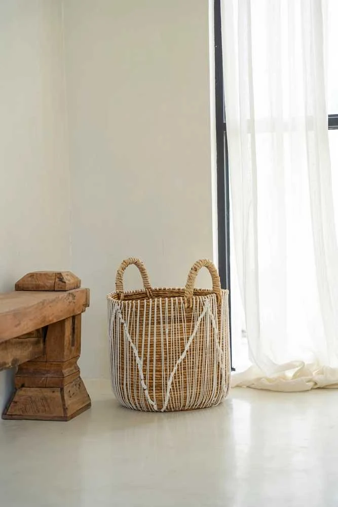 Bazaar Krepšys, Tiesi siūlai Makrame technika, 0,35x0,35x0,45 m, Jūros žolė