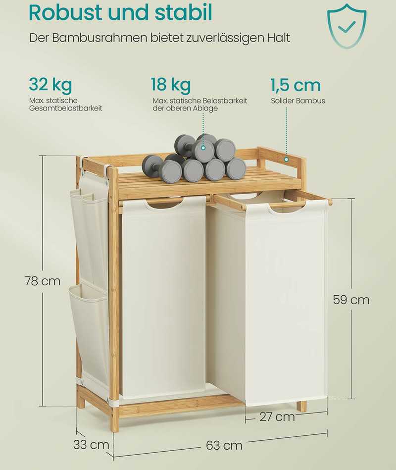 Songmics Skalbinių krepšys 2 skyriai 2 x 50 L 63 x 33 x 78 cm kreminės baltos spalvos