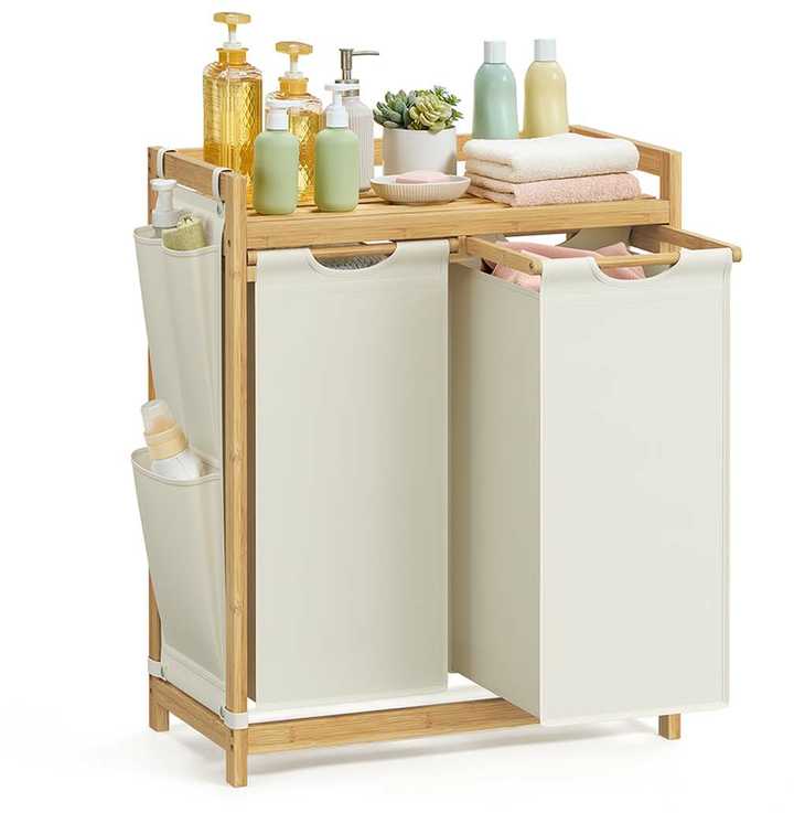 Songmics Skalbinių krepšys 2 skyriai 2 x 50 L 63 x 33 x 78 cm kreminės baltos spalvos