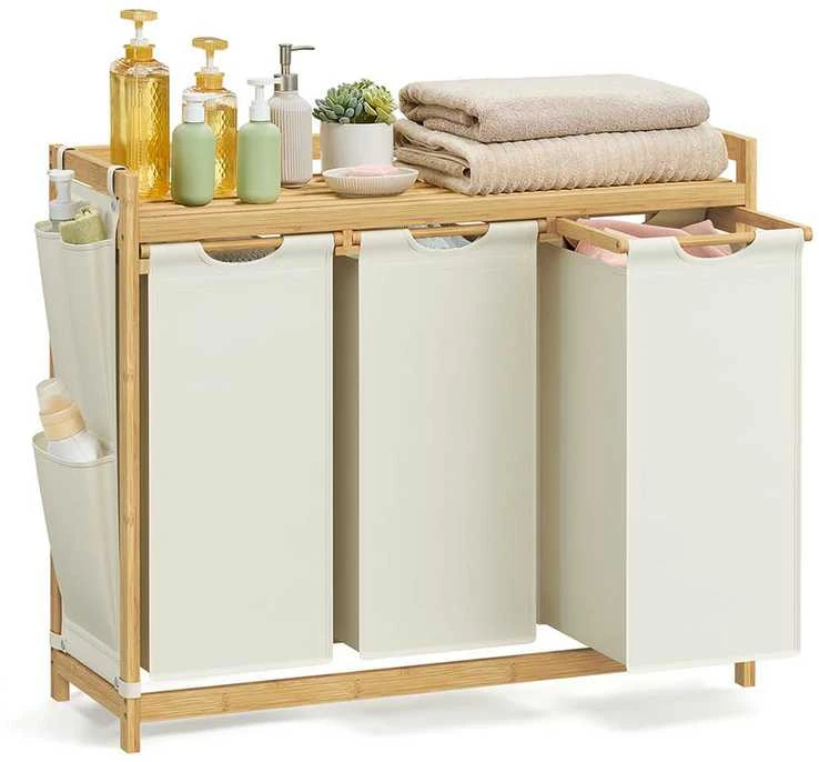 Songmics Skalbinių krepšelis 3 skyriai 3 x 50 L 94 x 33 x 78 cm kreminės baltos spalvos