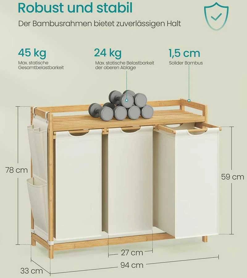 Songmics Skalbinių krepšelis 3 skyriai 3 x 50 L 94 x 33 x 78 cm kreminės baltos spalvos