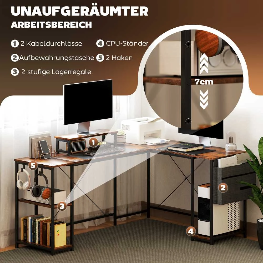 HOMCOM L-formos rašomasis stalas 168 x 120 cm kampinis stalas su lentynomis, krepšiu daiktams, reversinis kompiuterio stalas su monitoriaus stovu, žaidimų stalas biurui, namų biurui, kaimiška ruda spalva