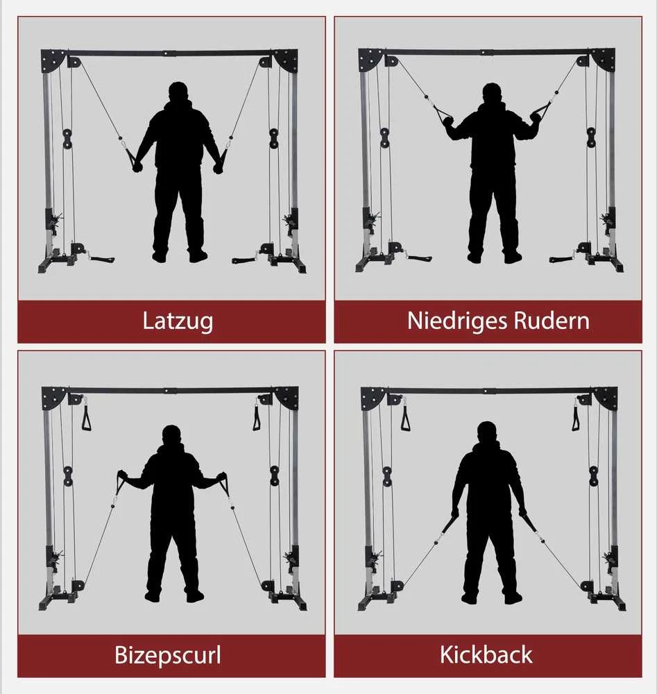 SPORTNOW kabelių treniruoklis namams, svoriai iki 50 kg kiekvienoje pusėje, kabelių stotis su rankenomis, laisvai pastatomas kabelių bokštas treniruotėms namuose, 245 x 207 cm