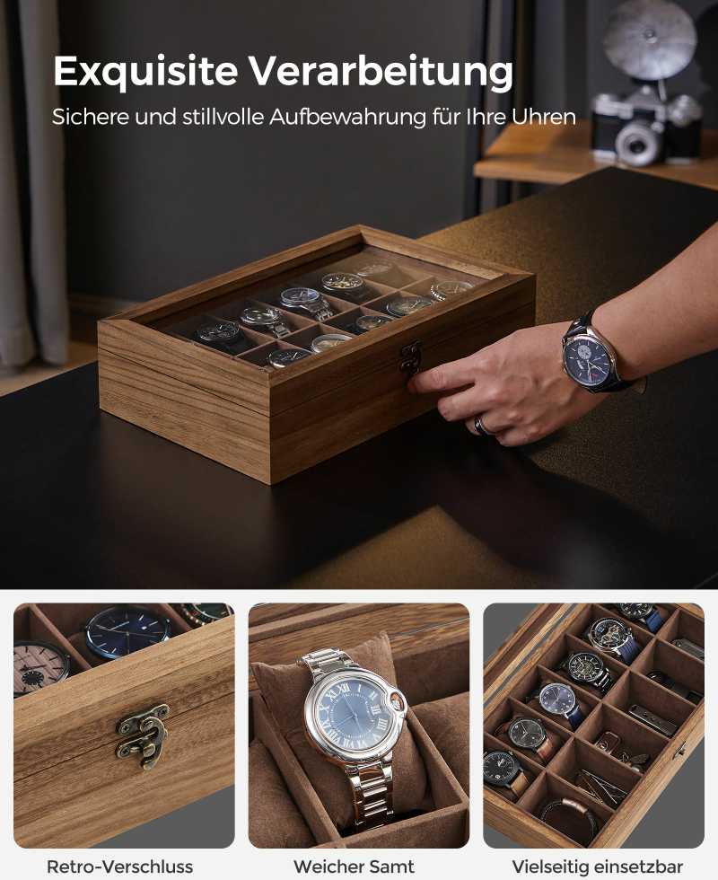 SONGMICS laikrodžių dėžutė iš paulovnijos medienos 12 skyrių su stiklo dangčiu 0194343045580