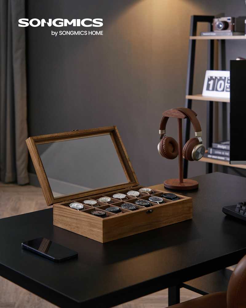 SONGMICS laikrodžių dėžutė iš paulovnijos medienos 12 skyrių su stiklo dangčiu 0194343045580