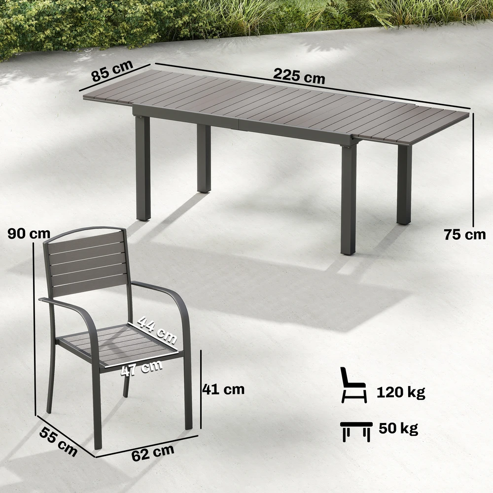 Lauko baldų komplektas Aosom Sodo baldų komplektas 7 dalių Ištraukiamas stalas su 6 kėdėmis 150x85x75 cm Pilkas Aliuminis