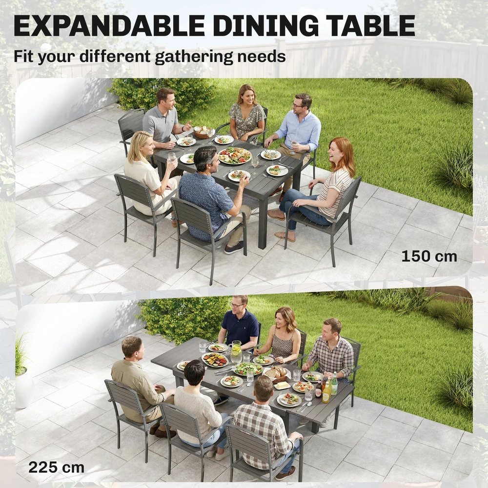 Lauko baldų komplektas Aosom Sodo baldų komplektas 7 dalių Ištraukiamas stalas su 6 kėdėmis 150x85x75 cm Pilkas Aliuminis