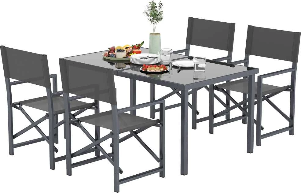 Lauko baldų komplektas „Outsunny“ 5 dalių sėdimųjų baldų komplektas, valgomojo komplektas iš plieno 4 asmenims, valgomojo stalas su 4 sulankstomomis kėdėmis, valgomojo baldų komplektas su stikliniu stalu, virtuvės stalo komplektas, balkono baldai, sodo baldai terasai, balkonui, pilkas