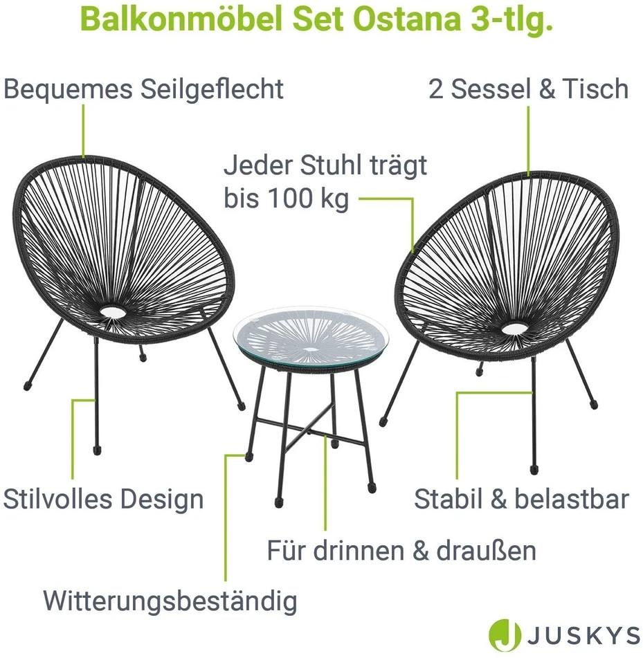 Lauko baldų komplektas Juskys Balkono baldų komplektas Ostana, 3 dalių, su stalu ir 2 foteliais, juodas