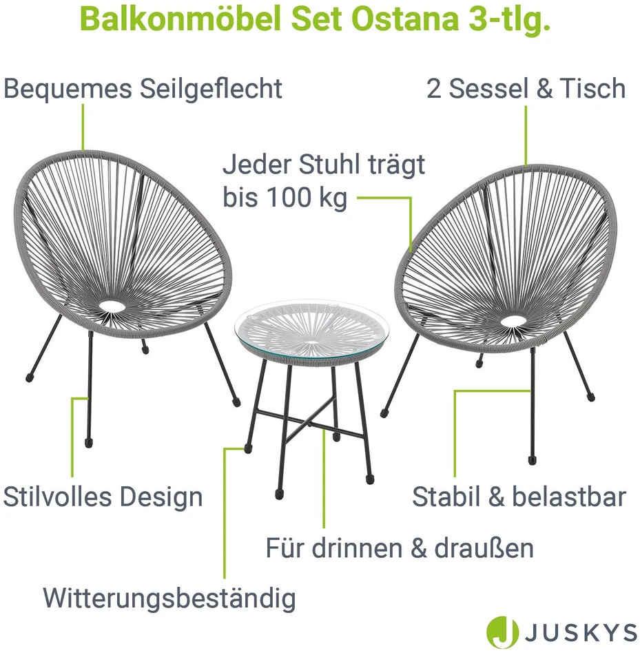 Lauko baldų komplektas Juskys Balkono baldų komplektas Ostana, 3 dalių, su stalu ir 2 foteliais, šviesiai pilkas