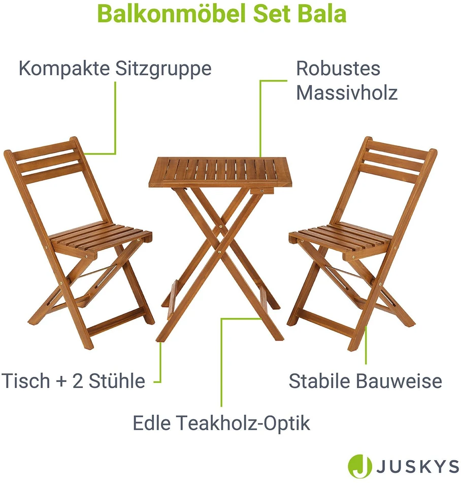Lauko baldų komplektas Juskys Balkono baldų komplektas Bala, 3 dalių, stalas 60x56x72 cm, 2 kėdės, natūralios spalvos