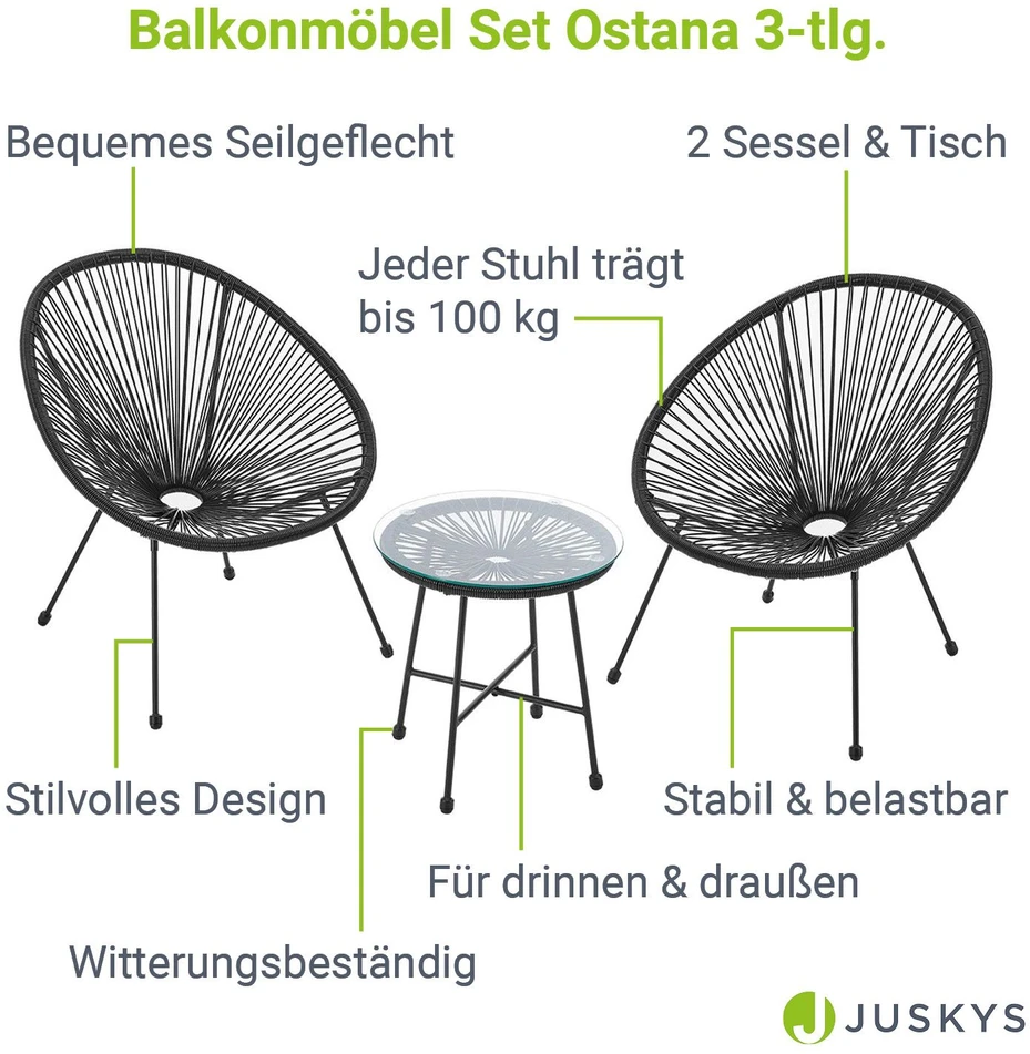 Lauko baldų komplektas Juskys Balkono baldų komplektas Ostana, 3 dalių, su stalu ir 2 foteliais, juodas