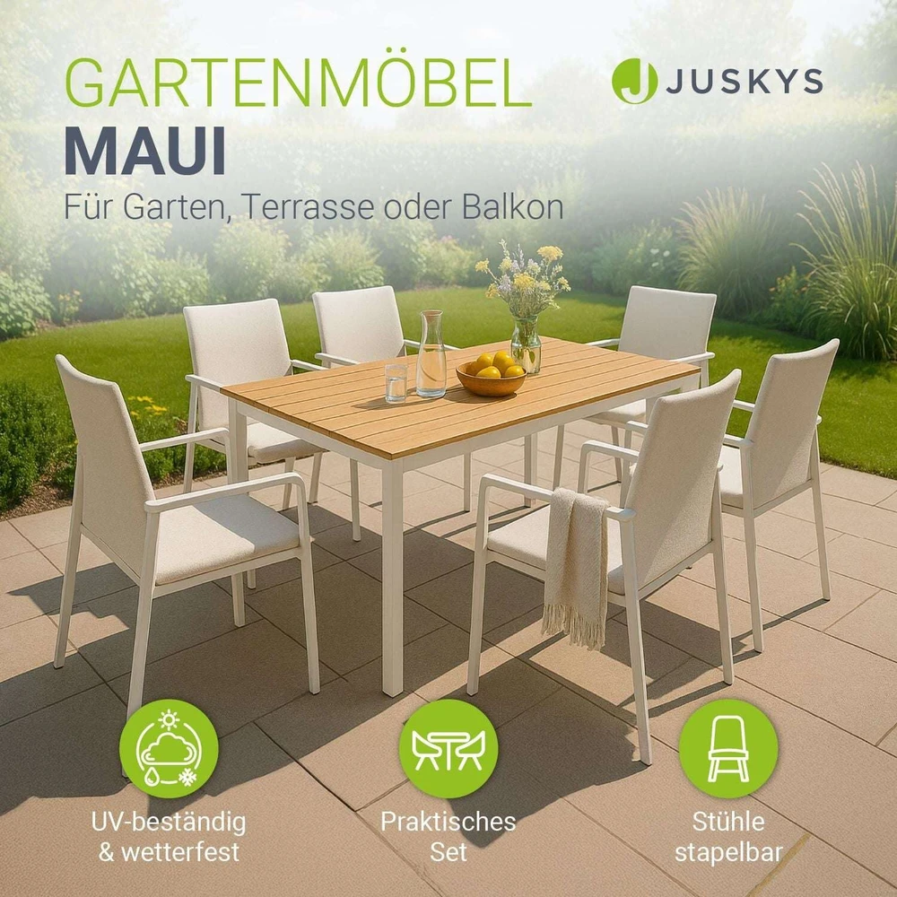 Lauko baldų komplektas Juskys Sodo baldų komplektas Maui 7 dalių Stalas 180x90x76 cm Smėlio/rudos spalvos