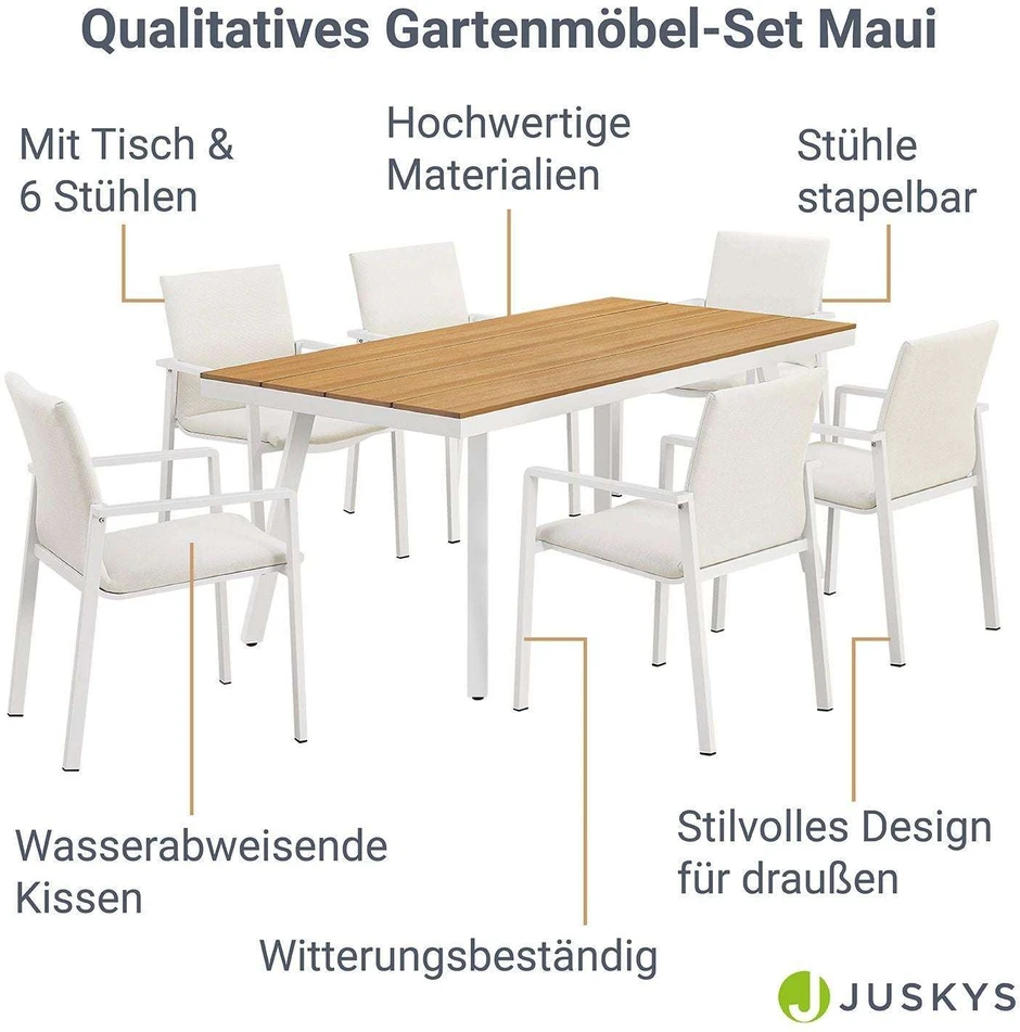Lauko baldų komplektas Juskys Sodo baldų komplektas Maui 7 dalių Stalas 180x90x76 cm Smėlio/rudos spalvos