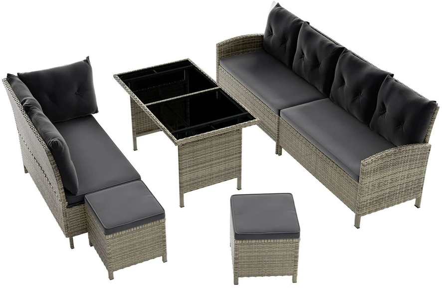 Lauko baldų komplektas Juskys Sodo poilsio komplektas Manacor sofa/staliukas/2 taburetės Sofa 228x178x80 cm juoda/tamsiai pilka