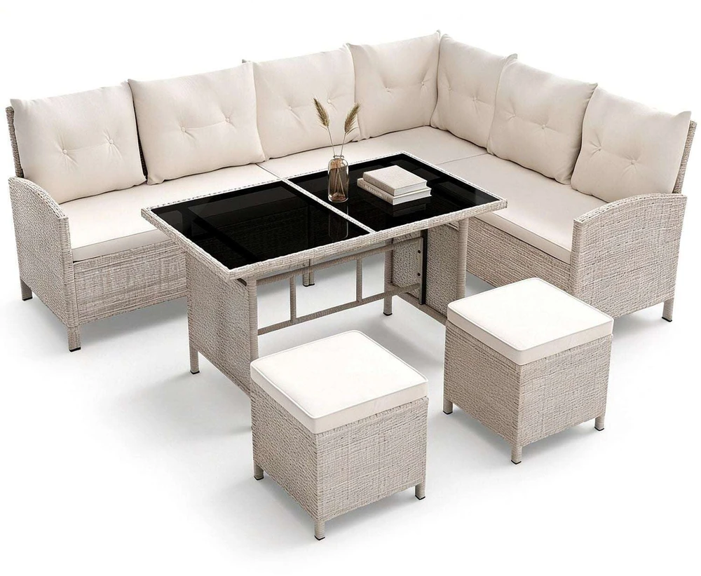 Lauko baldų komplektas Juskys Sodo poilsio komplektas Manacor sofa 228x178x80 cm stalas 116x66x66 cm juoda/kreminė