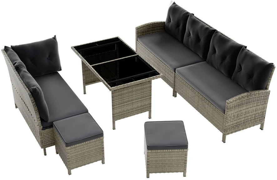 Lauko baldų komplektas Juskys Sodo poilsio komplektas Manacor sofa/staliukas/2 taburetės Sofa 228x178x80 cm juoda/tamsiai pilka