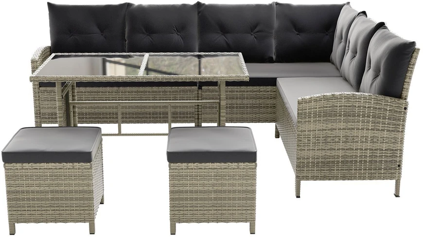 Lauko baldų komplektas Juskys Sodo poilsio komplektas Manacor sofa/staliukas/2 taburetės Sofa 228x178x80 cm juoda/tamsiai pilka