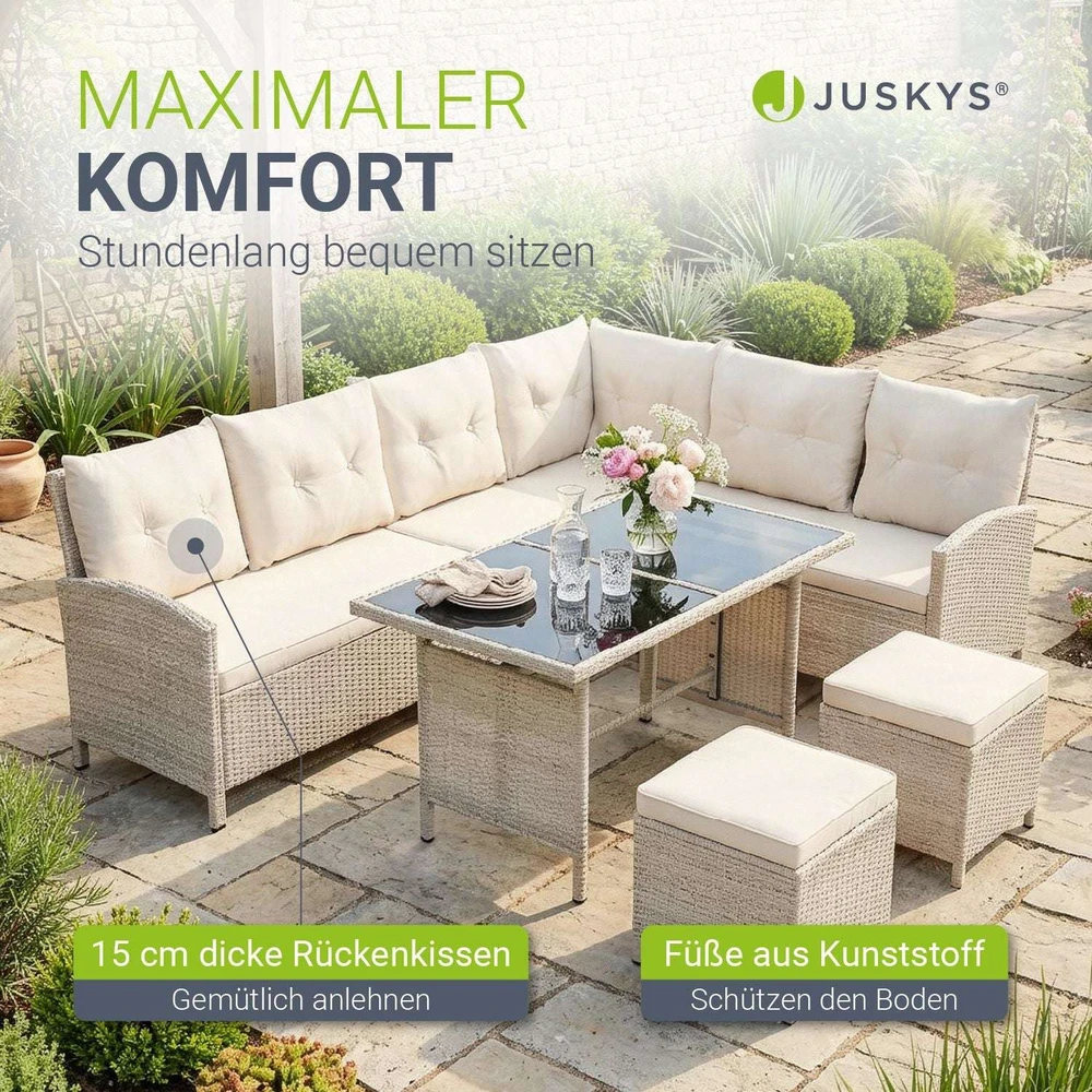 Lauko baldų komplektas Juskys Sodo poilsio komplektas Manacor sofa 228x178x80 cm stalas 116x66x66 cm juoda/kreminė