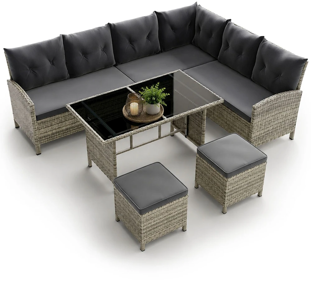 Lauko baldų komplektas Juskys Sodo poilsio komplektas Manacor sofa/staliukas/2 taburetės Sofa 228x178x80 cm juoda/tamsiai pilka
