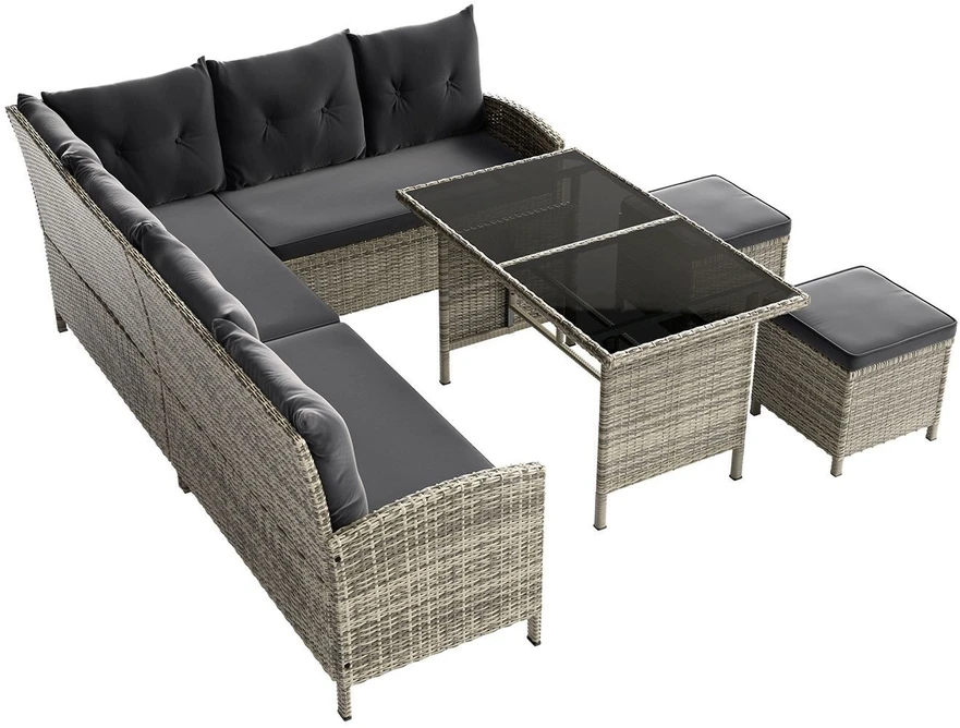 Lauko baldų komplektas Juskys Sodo poilsio komplektas Manacor sofa/staliukas/2 taburetės Sofa 228x178x80 cm juoda/tamsiai pilka