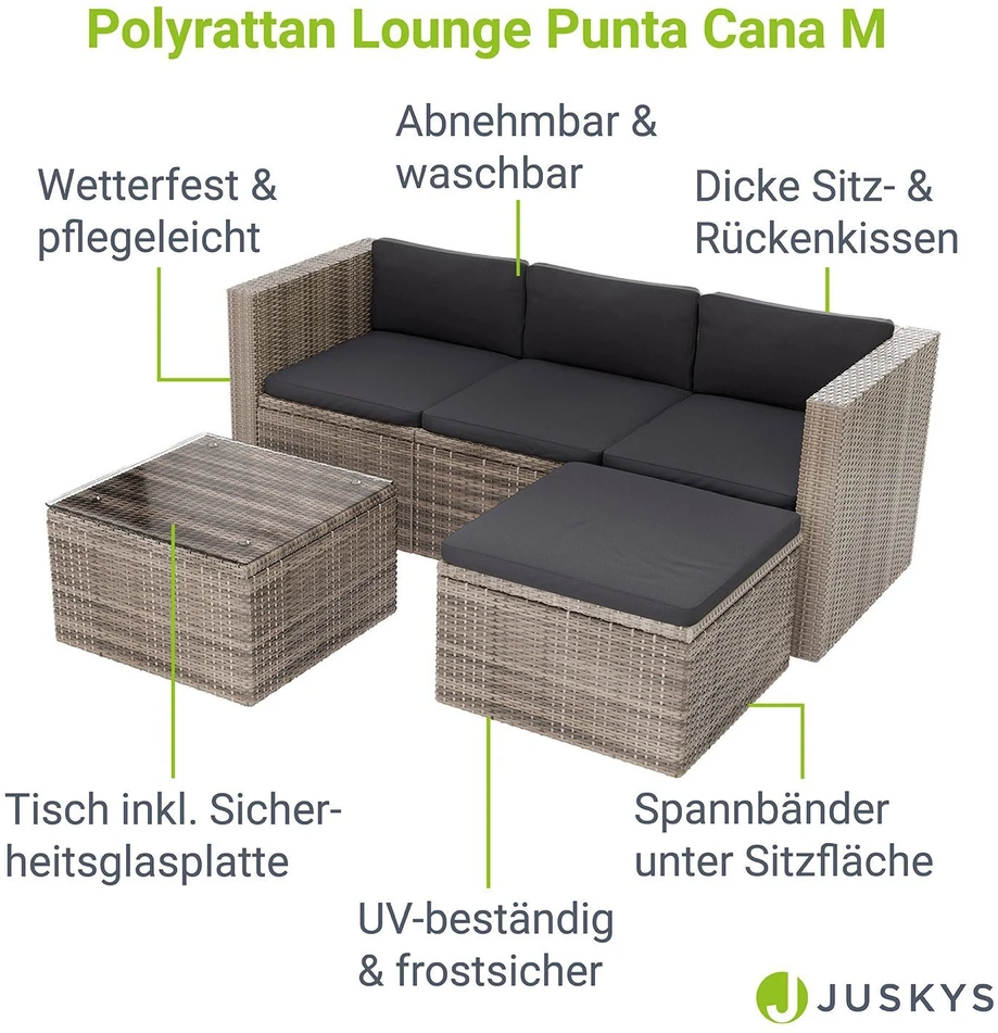 Lauko baldų komplektas Juskys Sodo poilsio komplektas Punta Cana M 3 vietų sofa 178x69x65 cm juoda/pilka